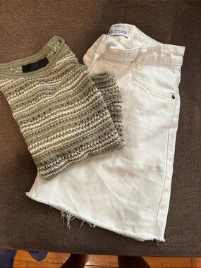 Zara White Denim Skirt with Olive Green Knit Top